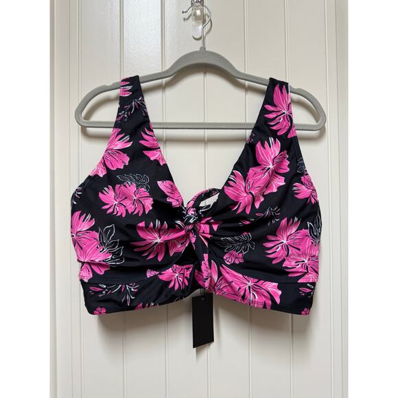 NWT Pink/Black Tropical Push Up Swim Top Bra Keyhole Swimsuit   16 Plus - Picture 2 of 6